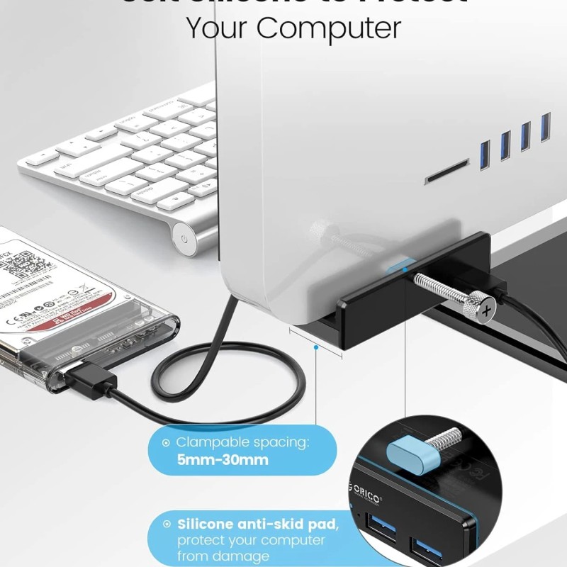 Orico хъб USB 3.0 HUB Clip Type 4 port - aux Micro-USB power input, Black - MH4PU-P-BK