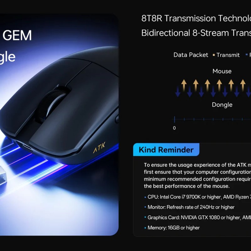 ATK професионална геймърска мишка Wireless Gaming Mouse F1 Ultimate 2.0 - 8K, Black