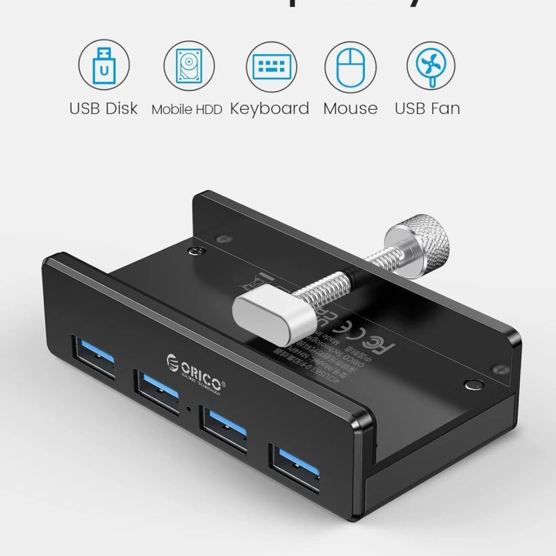 Orico хъб USB 3.0 HUB Clip Type 4 port - aux Micro-USB power input, Black - MH4PU-P-BK