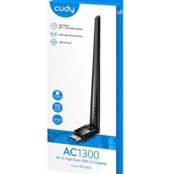 Cudy WU1400 Wi-Fi High Gain USB 3.0 Adapter AC1300 1300Mbps, 867Mbps at 5GHz + 400Mbps at 2.4GHz, 1 high gain detachable antenna, USB 3.0