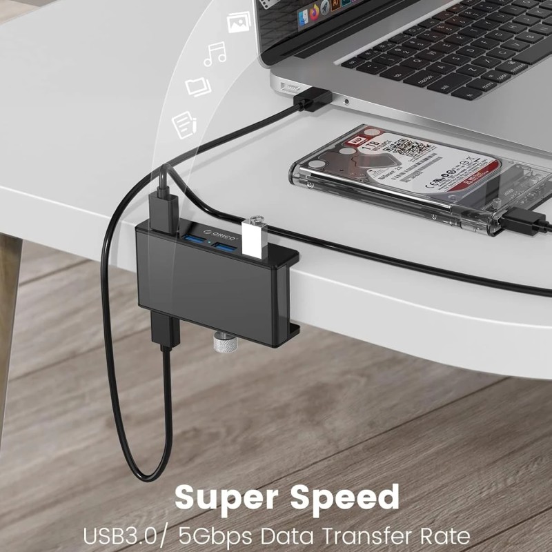 Orico хъб USB 3.0 HUB Clip Type 4 port - aux Micro-USB power input, Black - MH4PU-P-BK