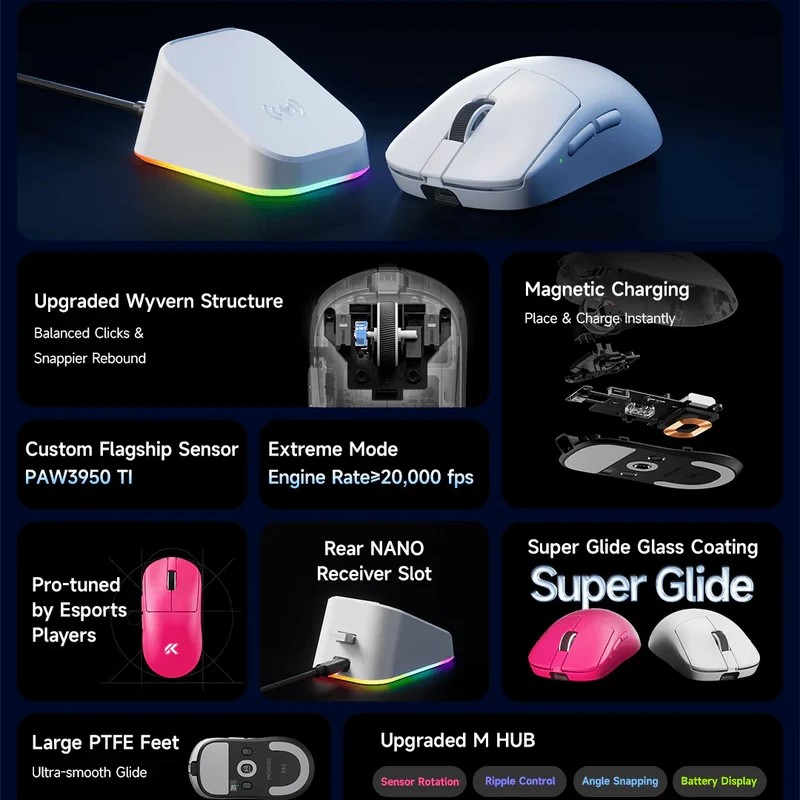 MCHOSE професионална геймърска мишка A7 V2 Ultra White - Wireless Gaming Mouse - Dual 8K, Omron Mechanical