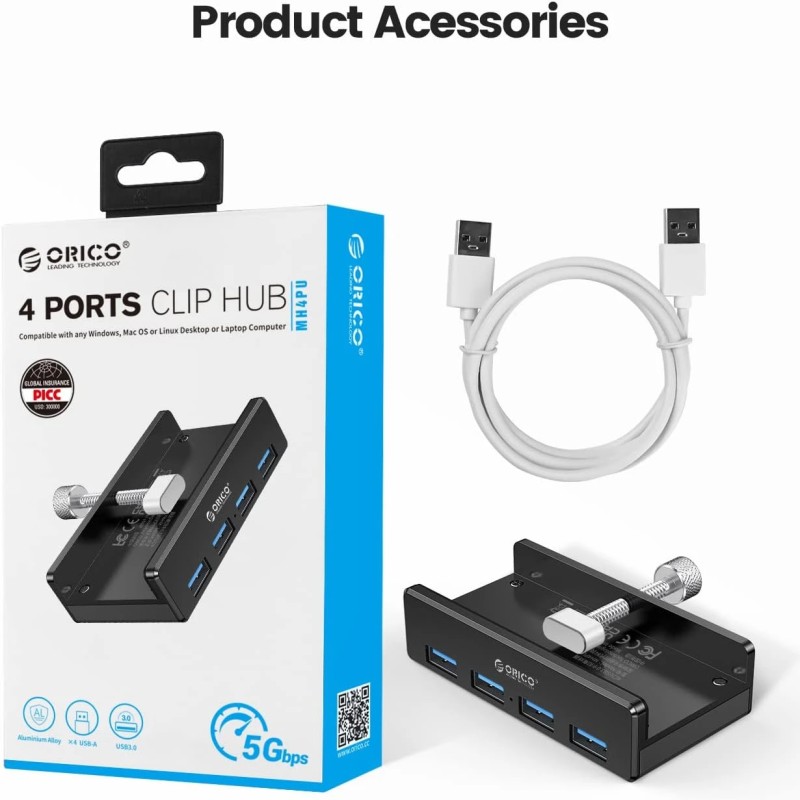 Orico хъб USB 3.0 HUB Clip Type 4 port - aux Micro-USB power input, Black - MH4PU-P-BK